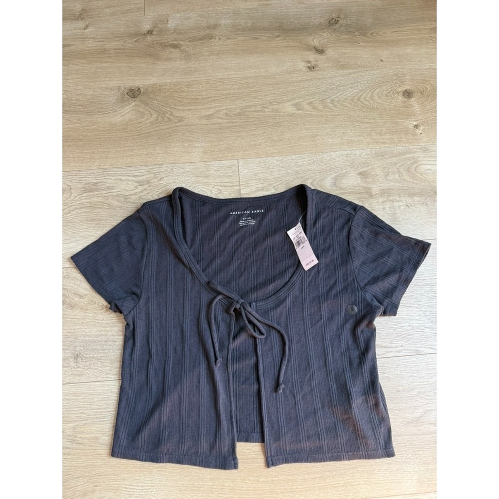 NWT Womens American Eagle Tie-Front Cropped Short Sleeve Tee Dark Gray size S
